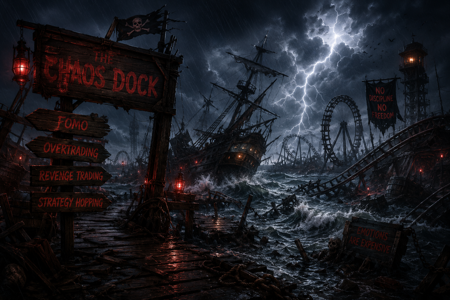 The Chaos Dock — stormy harbour with wrecked ships