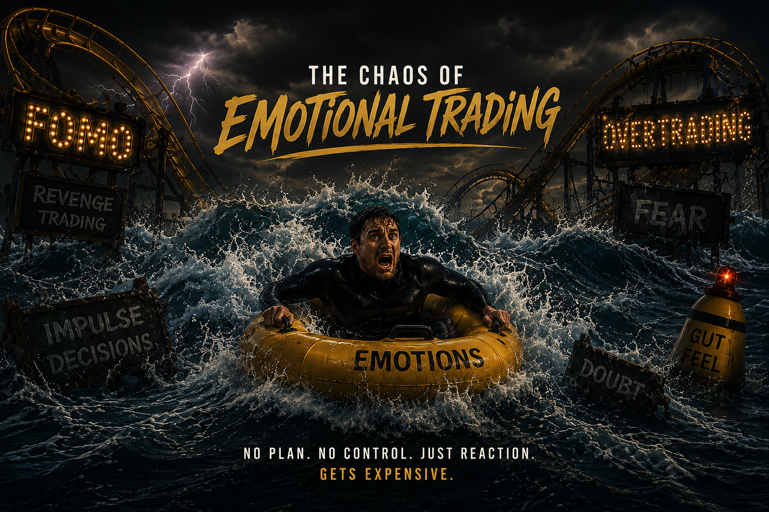 The chaos of emotional trading — stormy wave park at night